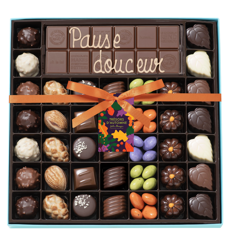 BOITE SPÉCIALITÉ 39 CHOCOLATS D'AUTOMNE ET TABLETTE PERSONNALISABLE