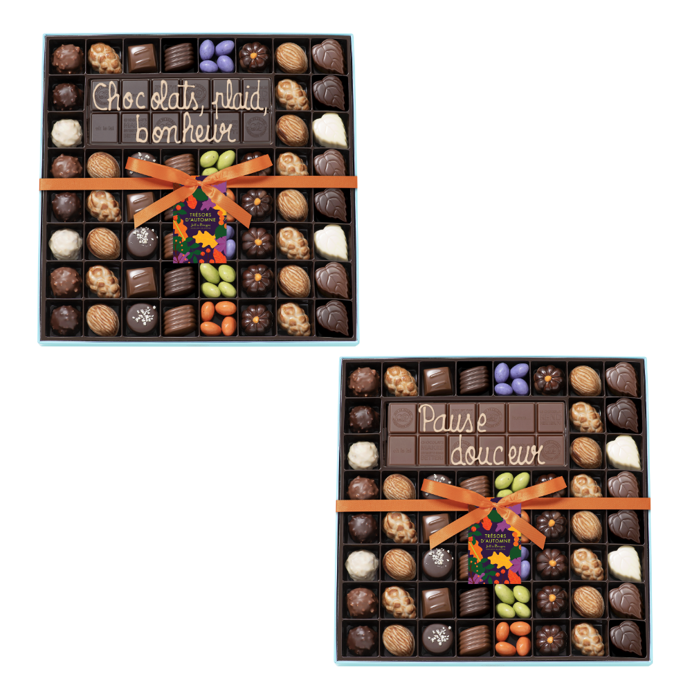 SPECIALTY BOX OF 54 AUTUMN CHOCOLATES AND CUSTOMIZABLE BAR