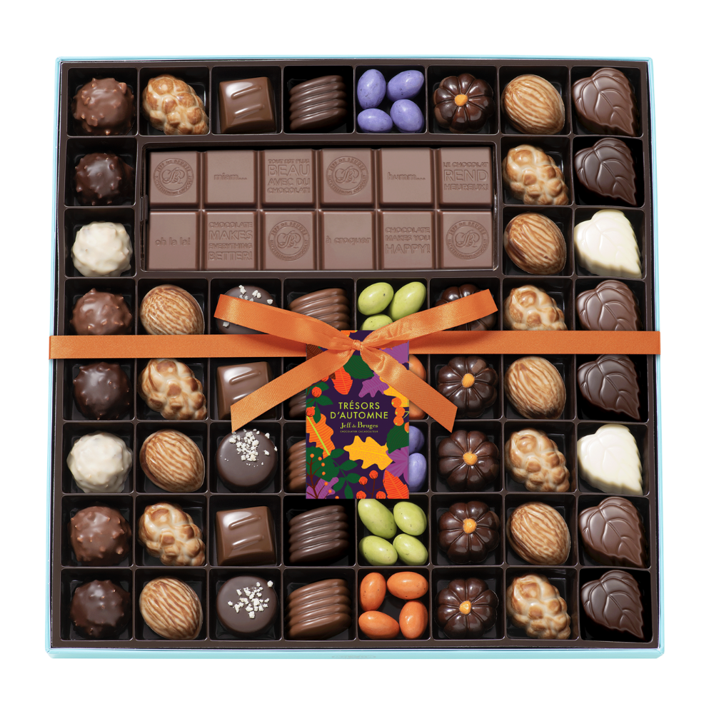 SPECIALTY BOX OF 54 AUTUMN CHOCOLATES AND CUSTOMIZABLE BAR