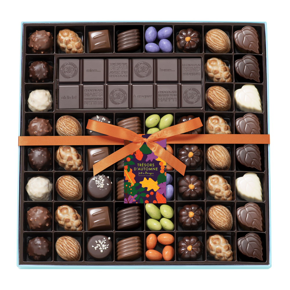 SPECIALTY BOX OF 54 AUTUMN CHOCOLATES AND CUSTOMIZABLE BAR