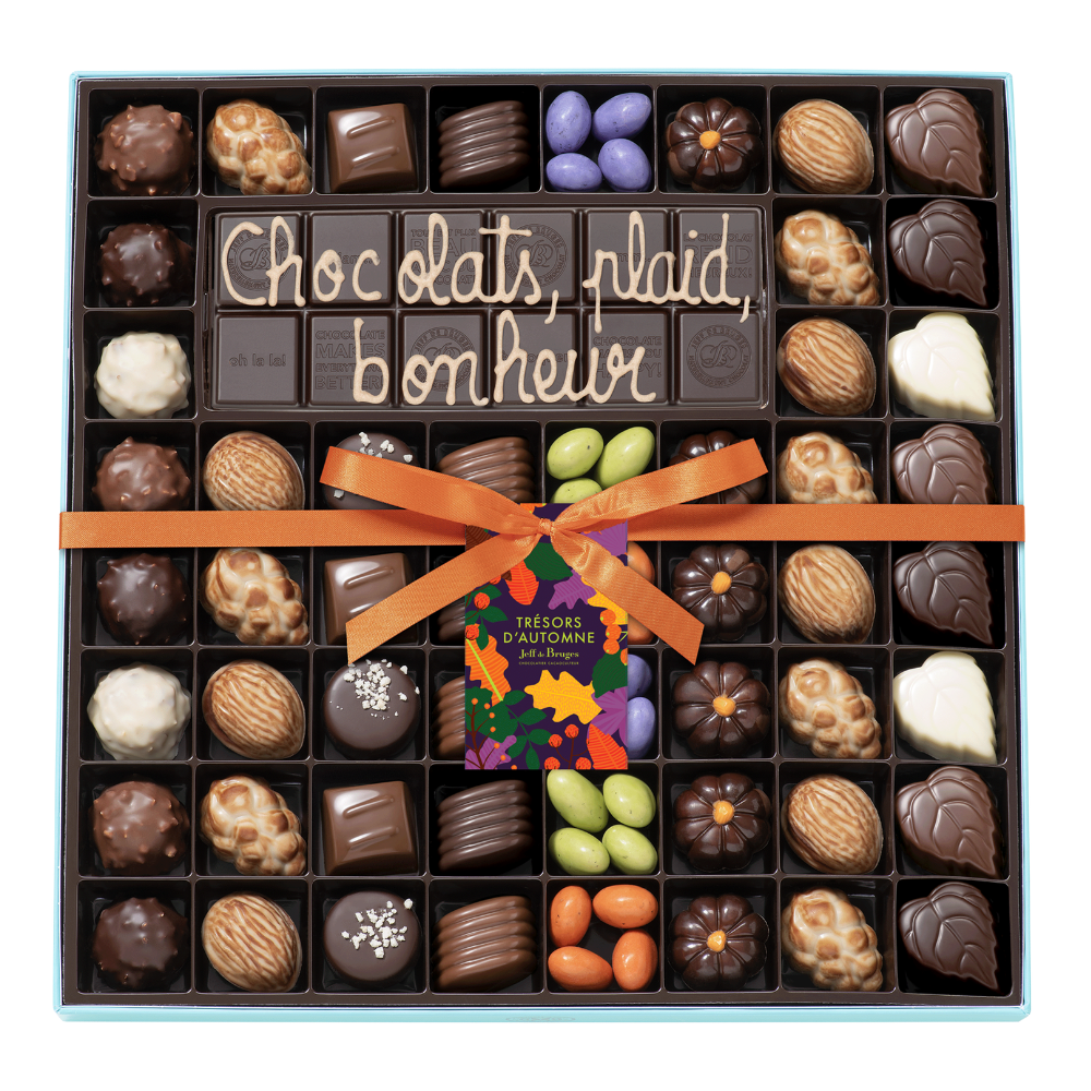 SPECIALTY BOX OF 54 AUTUMN CHOCOLATES AND CUSTOMIZABLE BAR