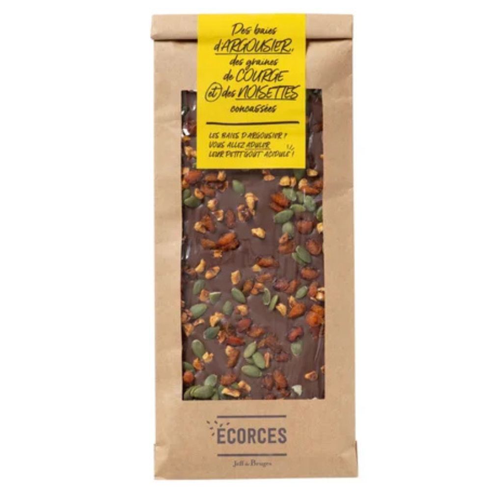 ÉCORCE CHOCOLAT AU LAIT, BAIES D'ARGOUSIER, GRAINES DE COURGE ET NOISETTES