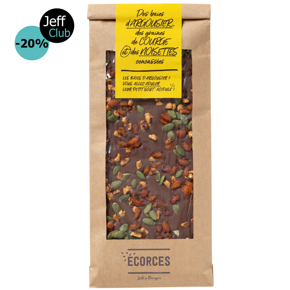 MILK CHOCOLATE BARK, SEA BUCKTHORN BERRIES, PUMPKIN SEEDS AND HAZELNUTS