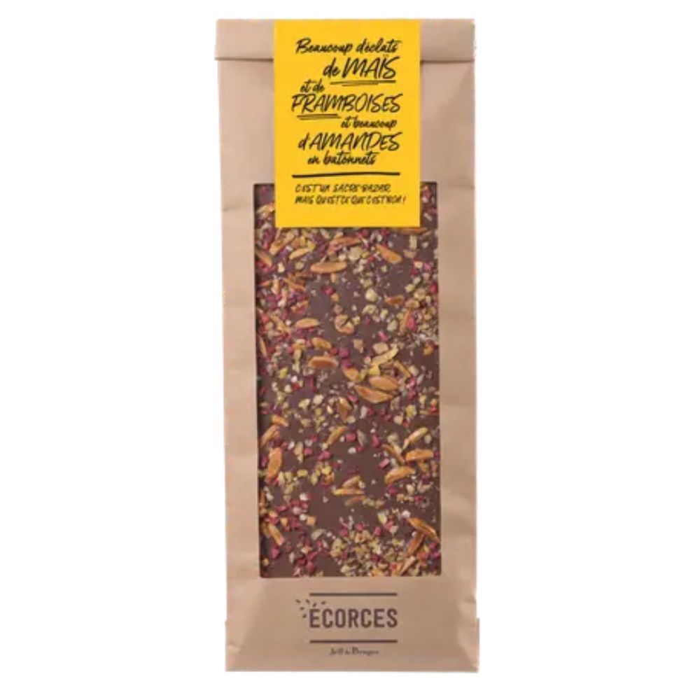 ÉCORCE CHOCOLAT AU LAIT, AMANDES, PÉPITES DE MAÏS ET FRAMBOISES