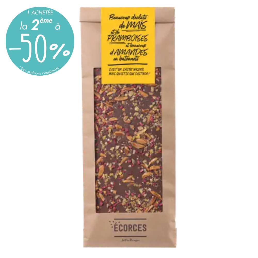 MILK CHOCOLATE BARK, ALMONDS, CORN NUGGETS AND RASPBERRIES