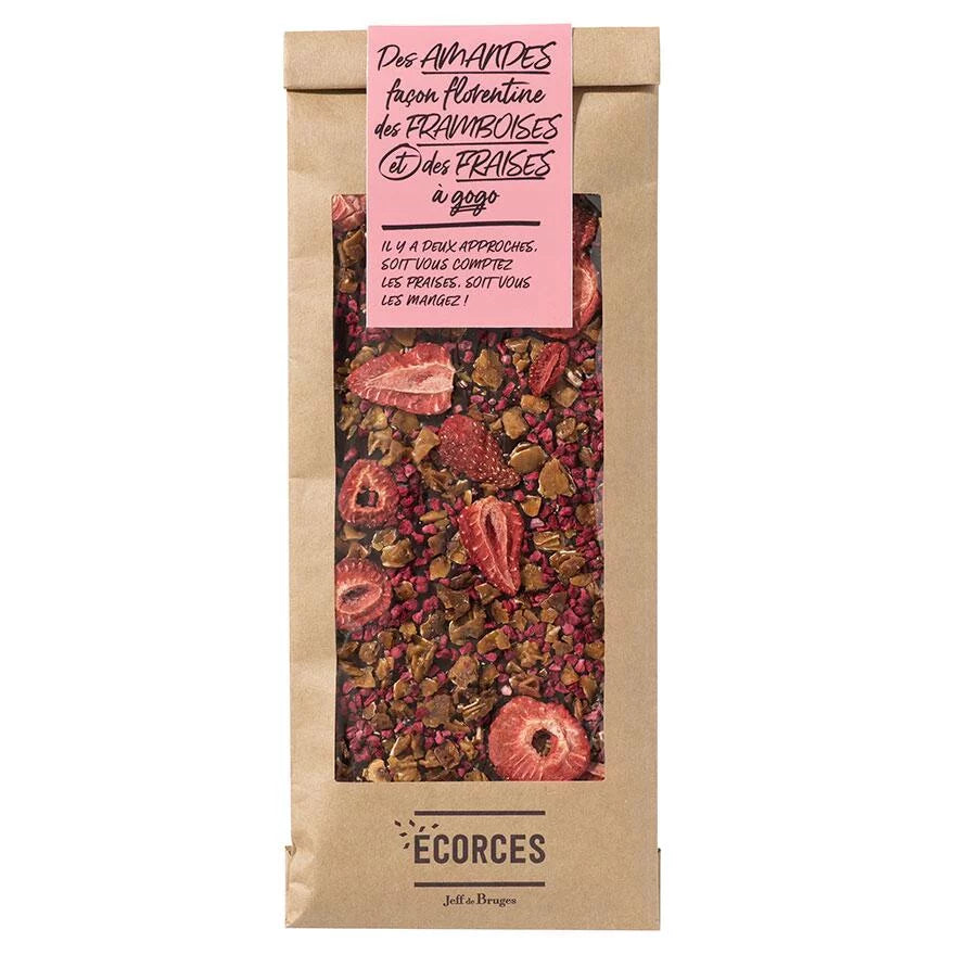 ÉCORCE DE CHOCOLAT NOIR AUX AMANDES FLORENTINES, FRAISES ET FRAMBOISES