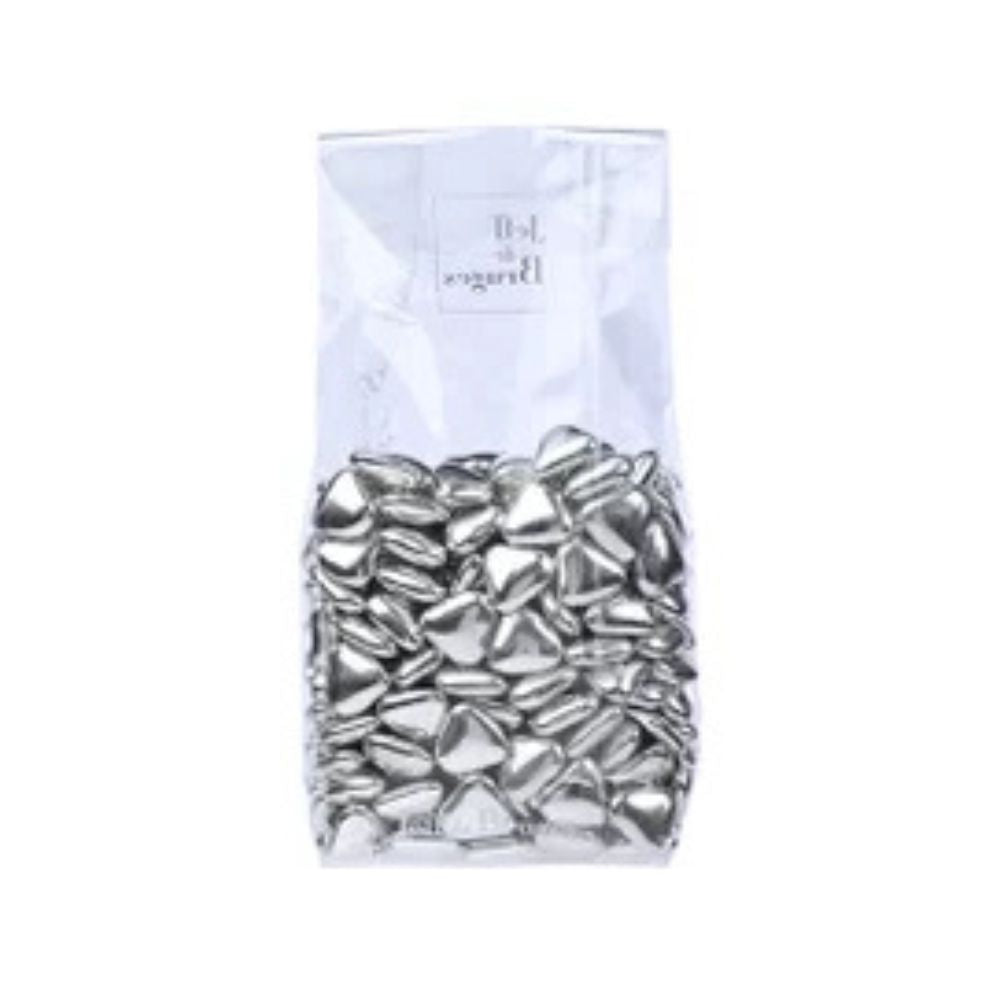 BAG OF SMALL SILVER HEARTS DRAGEES WITH DARK CHOCOLATE DECORATION