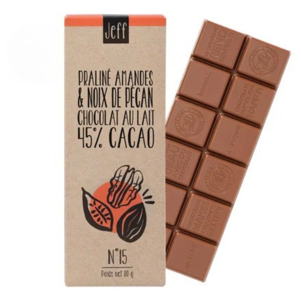 TABLETTE N°15 CHOCOLAT AU LAIT 45% ET PRALINÉ AMANDE CRÈME DE NOIX DE PÉCAN