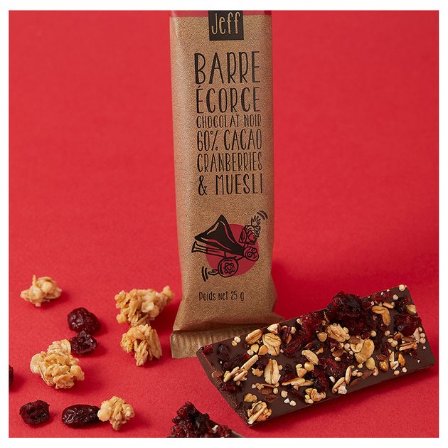 BARRE ÉCORCE CHOCOLAT NOIR, CRANBERRIES ET MUESLI