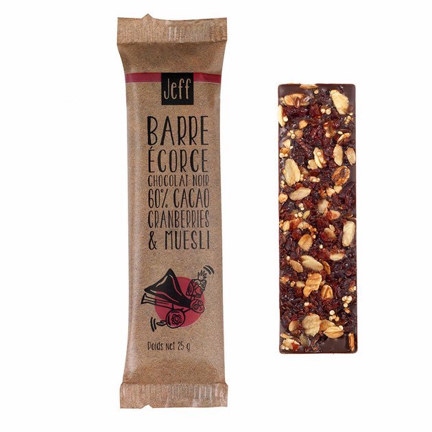 DARK CHOCOLATE BARK BAR, CRANBERRIES AND MUESLI