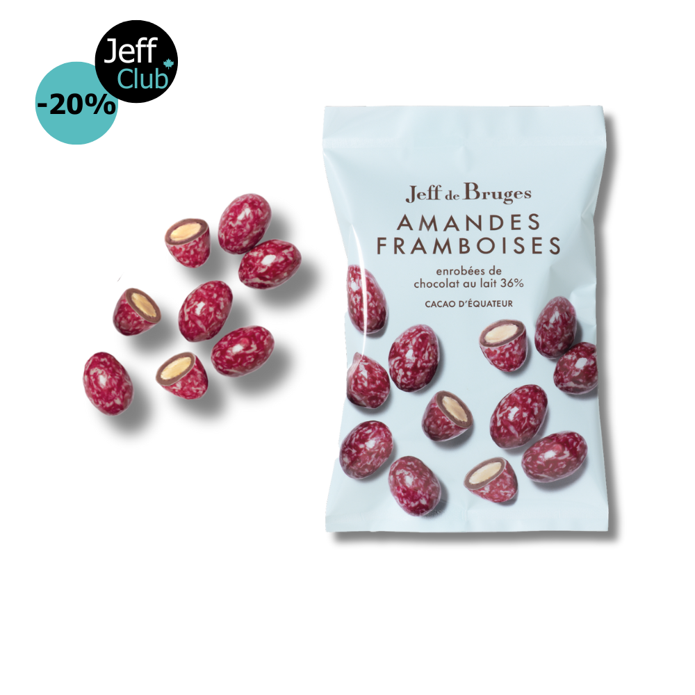 RASPBERRY & 36% MILK CHOCOLATE ALMONDS 50G