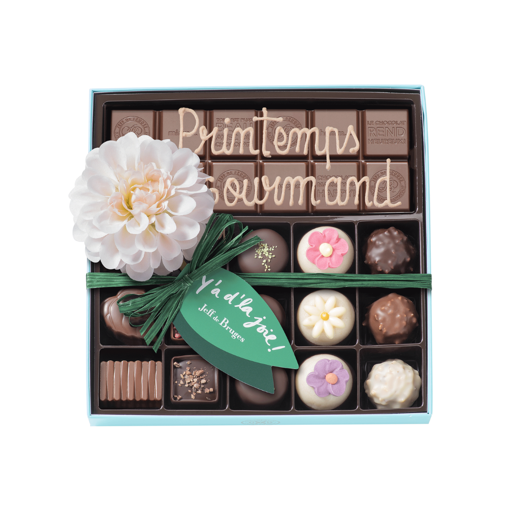 BOITE SPÉCIALITES 15 CHOCOLATS DE PRINTEMPS ET SA TABLETTE PERSONNALISABLE