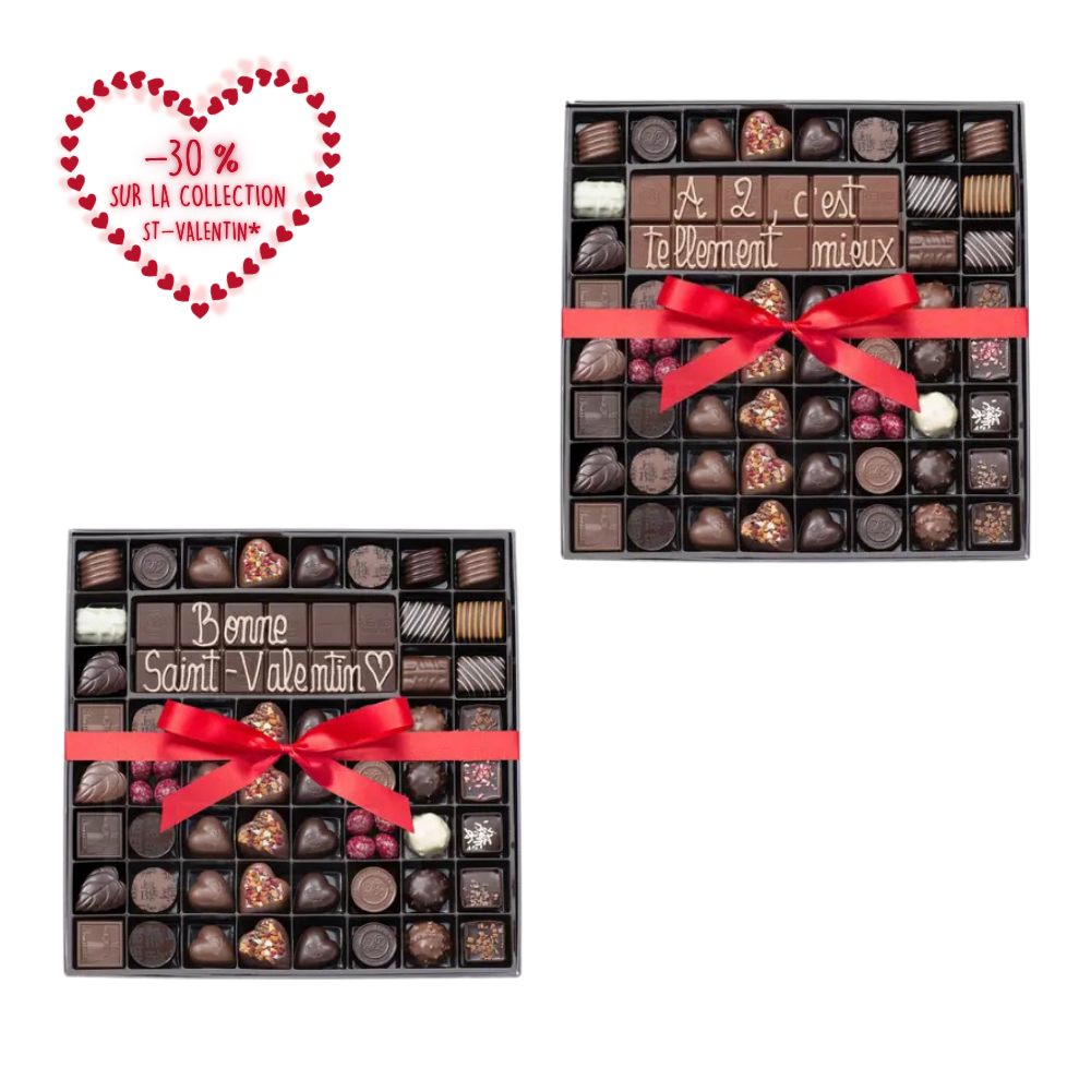 BOITE SPÉCIALITÉ 54 CHOCOLATS ST-VALENTIN ET TABLETTE PERSONNALISABLE