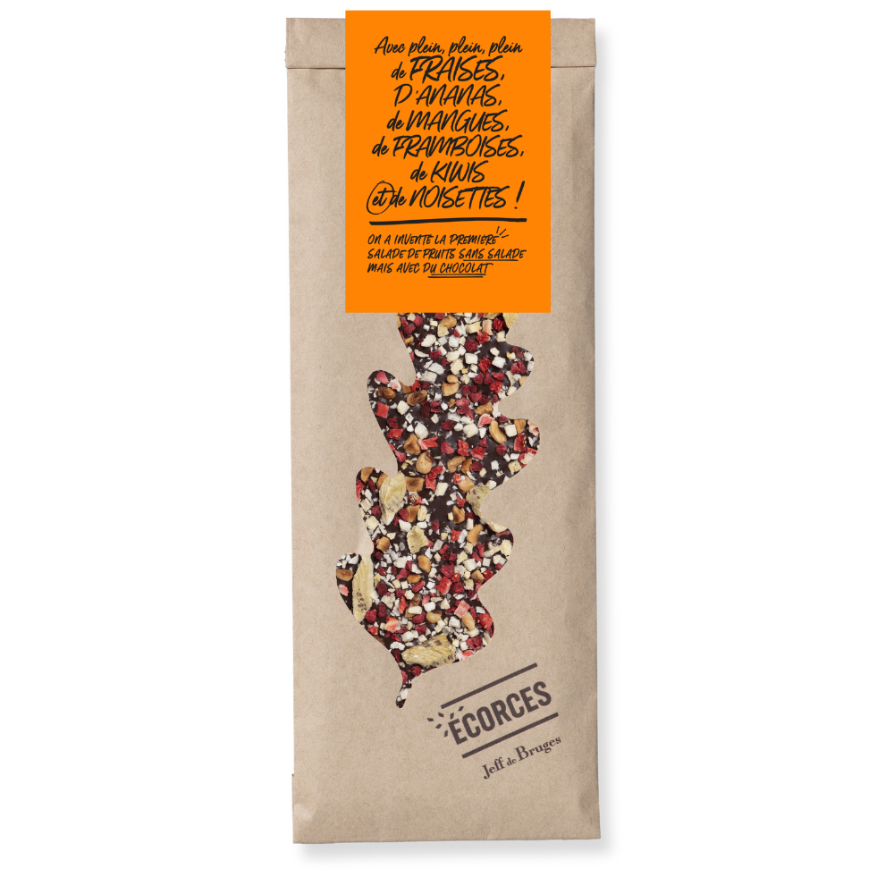 DARK CHOCOLATE TUTTI FRUTTI BARK WITH STRAWBERRY, KIWI, PINEAPPLE, MANGO AND HAZELNUTS