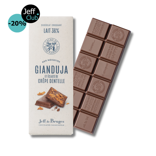 マキシム・モーフラ、「LE PONT DE LEGUENAY, BRUGES」 GIANDUJA AND CRISPY CRÊPE 36% MILK CHOCOLATE BAR