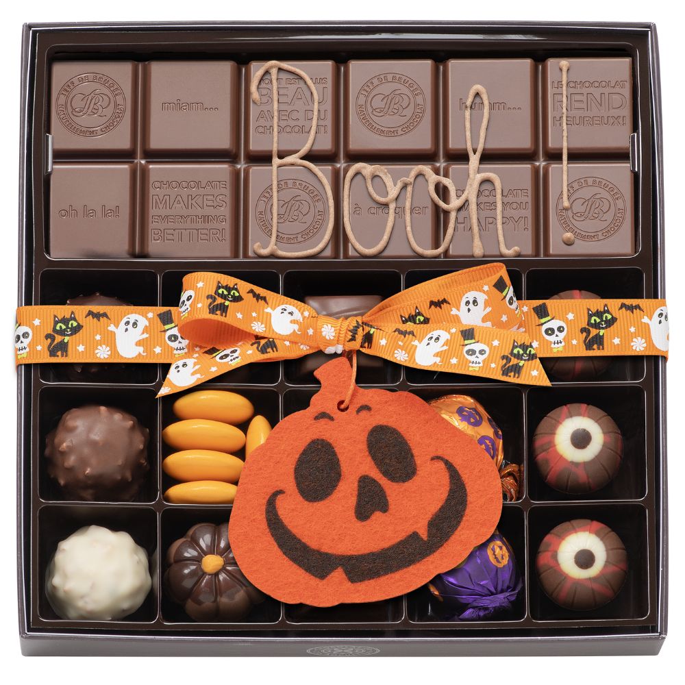 BOITE SPÉCIALITÉ 15 CHOCOLATS HALLOWEEN ET TABLETTE PERSONNALISABLE