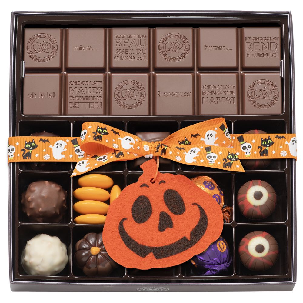 BOITE SPÉCIALITÉ 15 CHOCOLATS HALLOWEEN ET TABLETTE PERSONNALISABLE