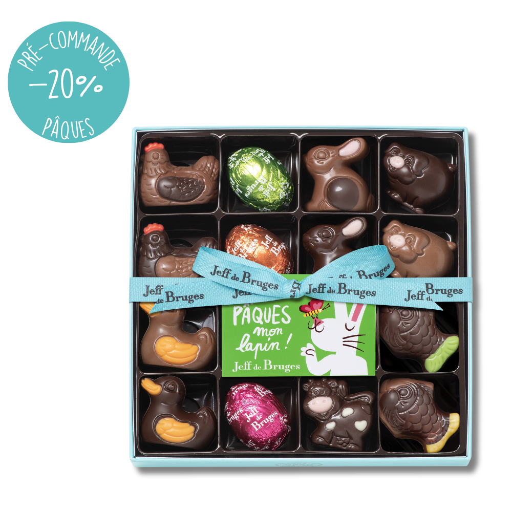 BOITE SPÉCIALITES 12 ANIMAUX ET 4 ŒUFS DE PÂQUES