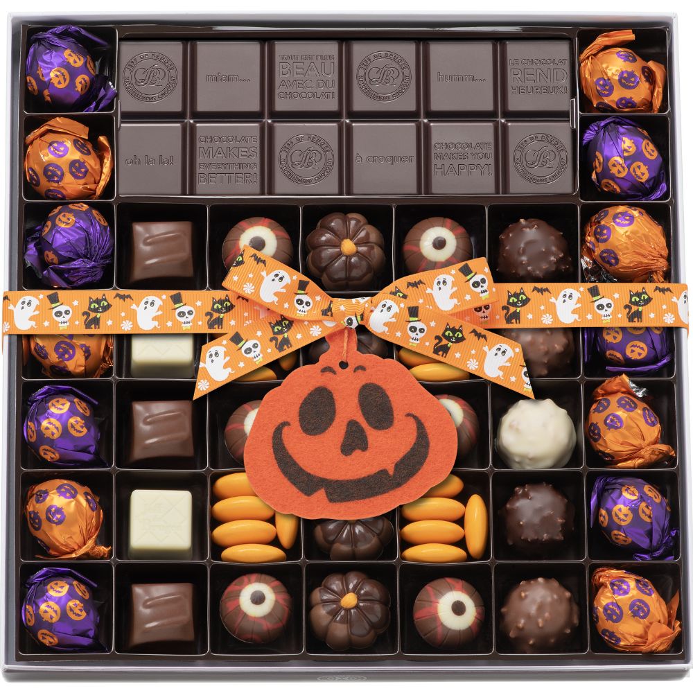 BOITE SPÉCIALITÉ 39 CHOCOLATS HALLOWEEN ET TABLETTE PERSONNALISABLE