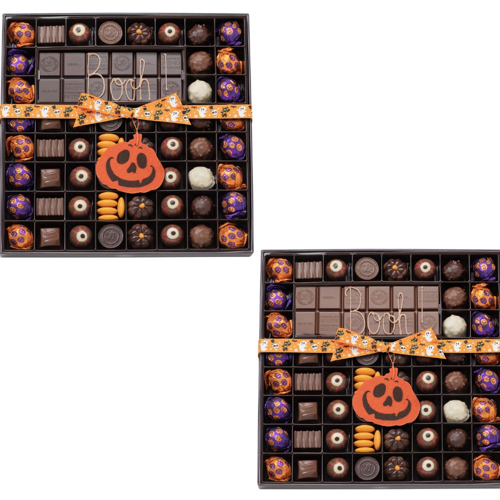 BOITE SPÉCIALITÉ 54 CHOCOLATS HALLOWEEN ET TABLETTE PERSONNALISABLE