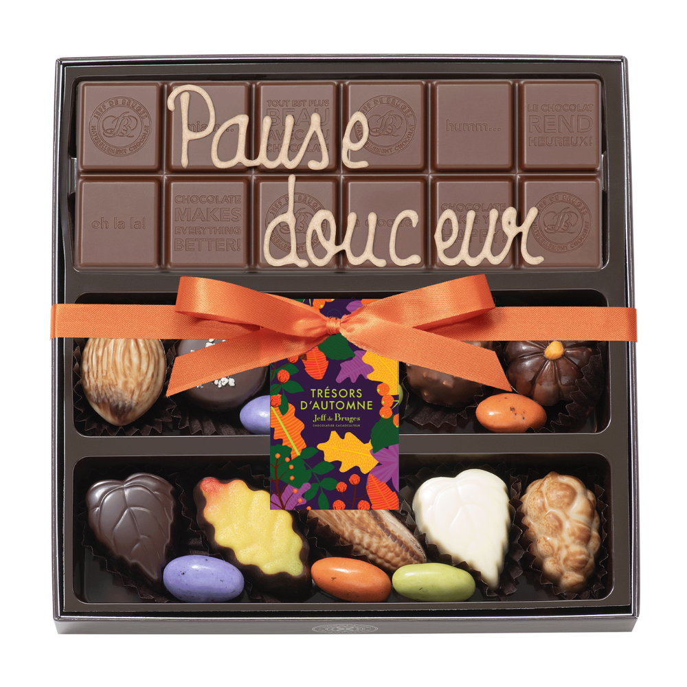 BOITE SPÉCIALITÉ 15 CHOCOLATS D'AUTOMNE ET TABLETTE PERSONNALISABLE