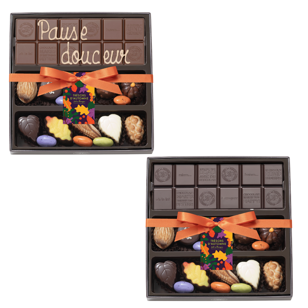 BOITE SPÉCIALITÉ 15 CHOCOLATS D'AUTOMNE ET TABLETTE PERSONNALISABLE