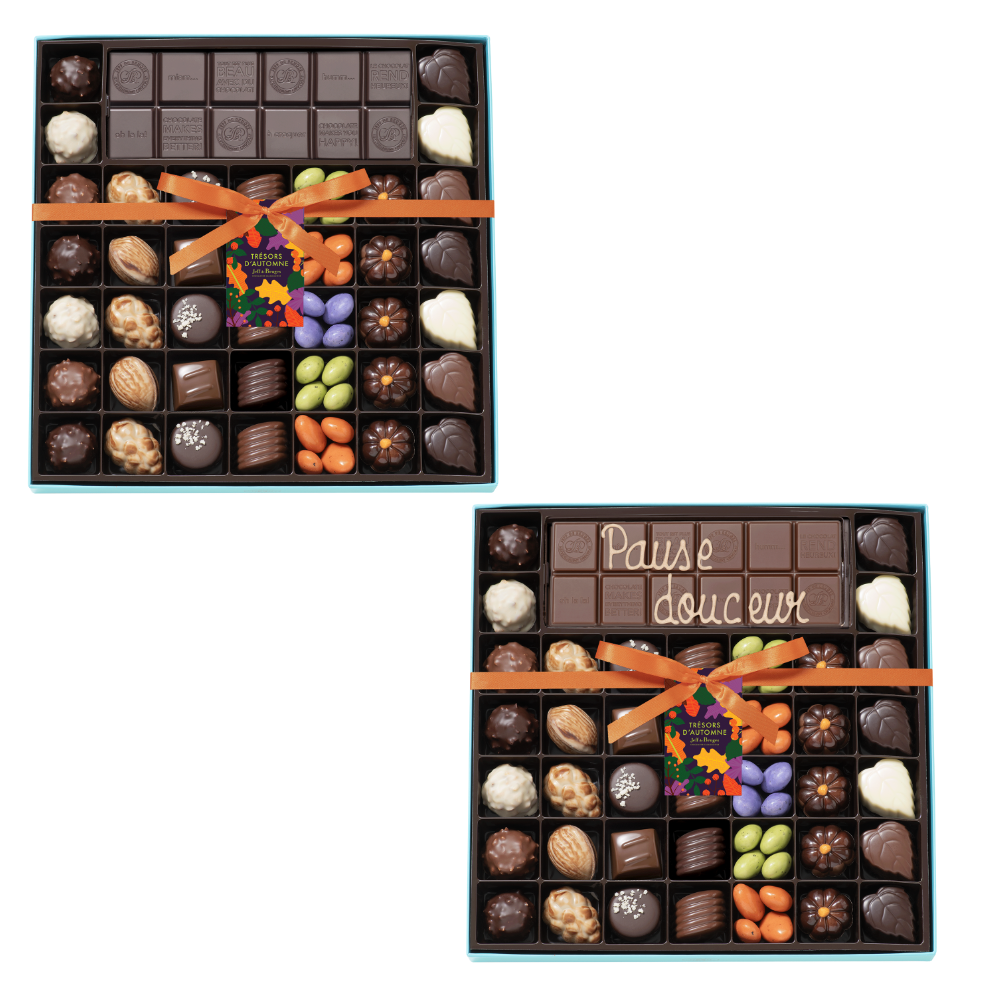 BOITE SPÉCIALITÉ 39 CHOCOLATS D'AUTOMNE ET TABLETTE PERSONNALISABLE