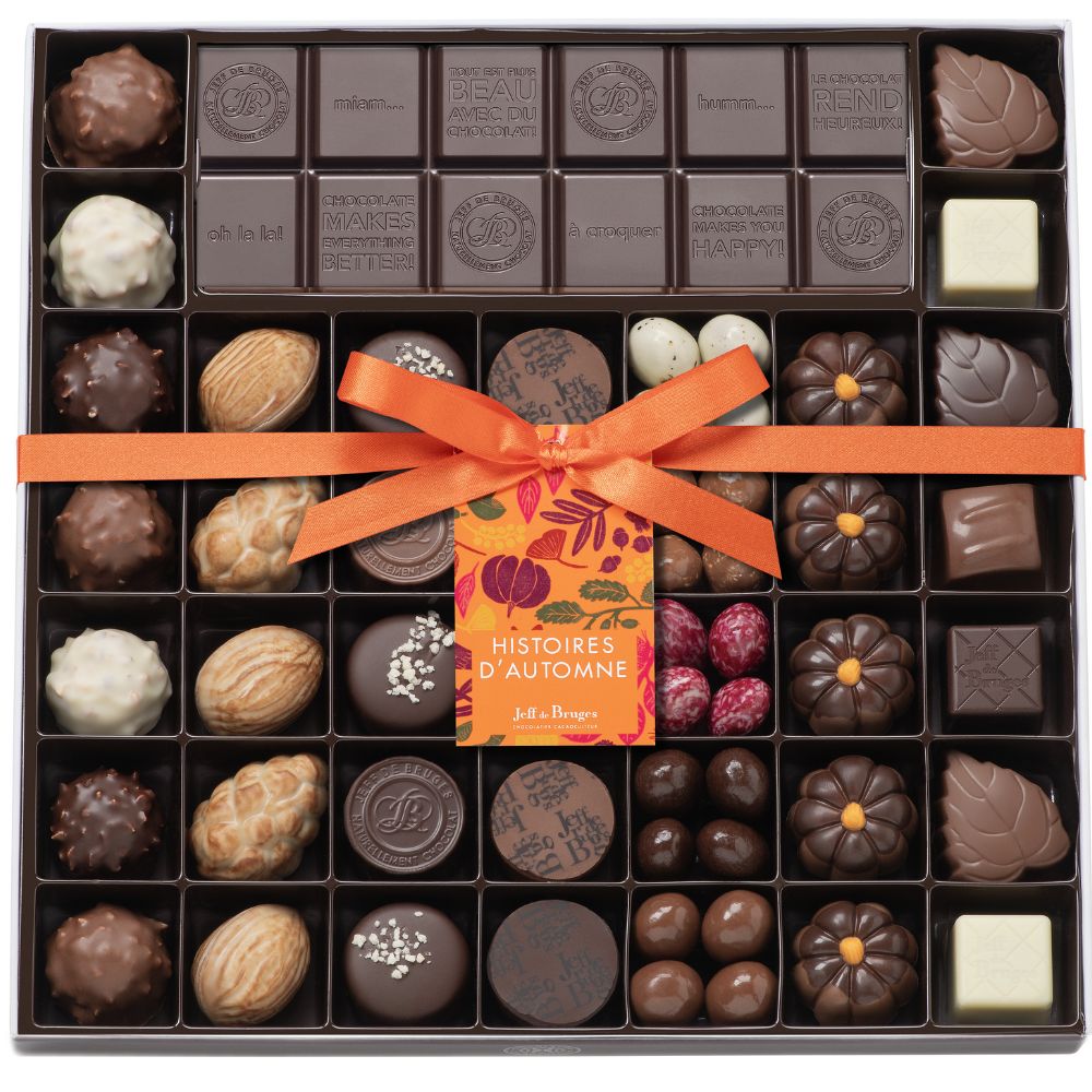 SPECIALTY BOX OF 54 AUTUMN CHOCOLATES AND CUSTOMIZABLE BAR