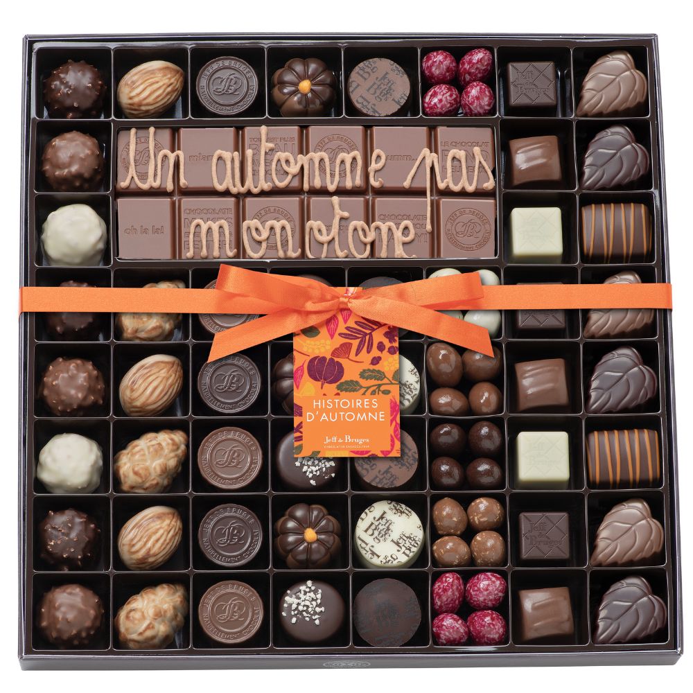 BOITE SPÉCIALITÉ 54 CHOCOLATS D'AUTOMNE ET TABLETTE PERSONNALISABLE