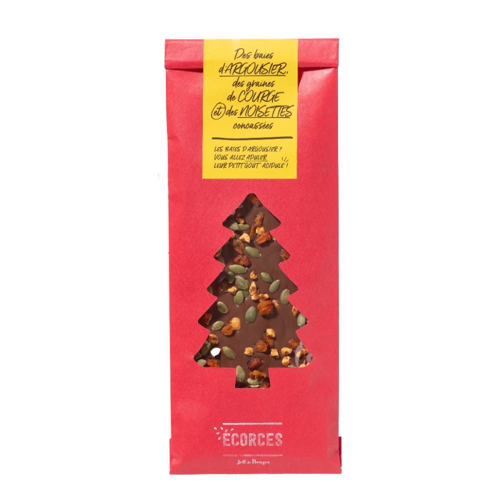 ÉCORCE CHOCOLAT AU LAIT, BAIES D'ARGOUSIER, GRAINES DE COURGE ET NOISETTES