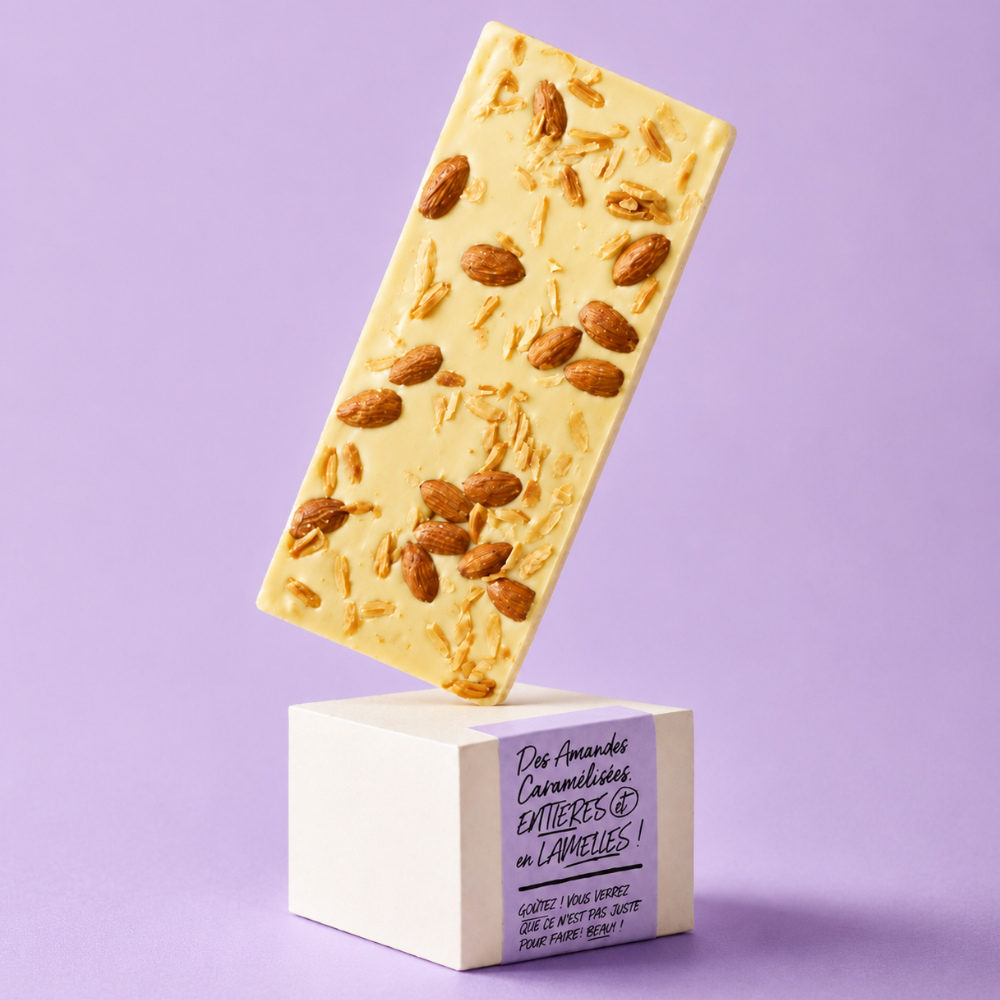 ÉCORCES CHOCOLAT BLANC ET AMANDES CARAMÉLISÉES