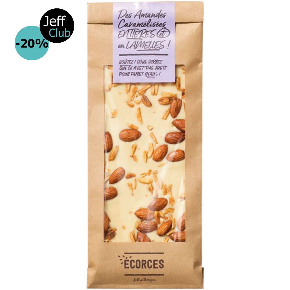 ÉCORCES CHOCOLAT BLANC ET AMANDES CARAMÉLISÉES