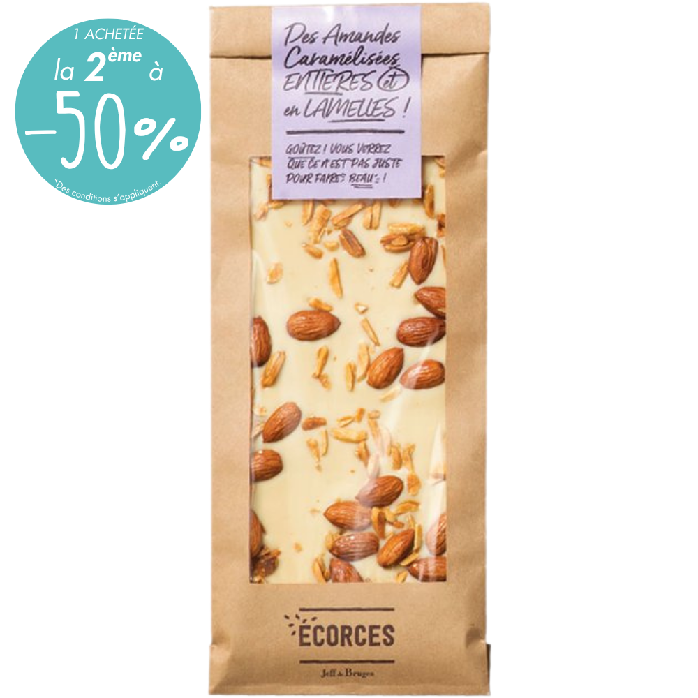 ÉCORCES CHOCOLAT BLANC ET AMANDES CARAMÉLISÉES