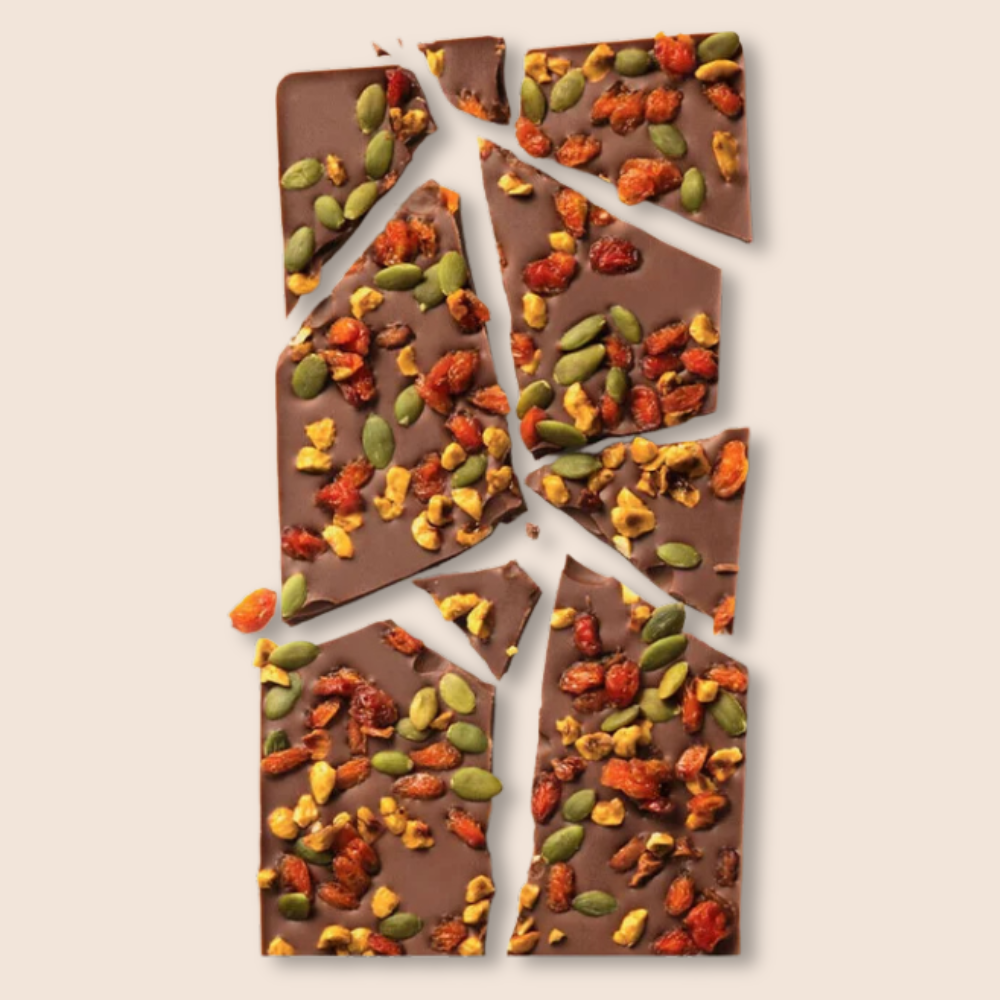 MILK CHOCOLATE BARK, SEA BUCKTHORN BERRIES, PUMPKIN SEEDS AND HAZELNUTS