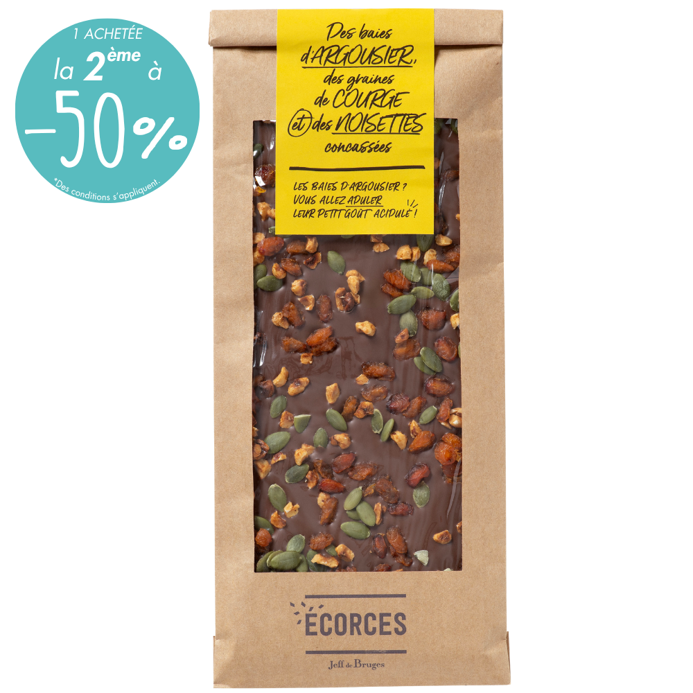 ÉCORCE CHOCOLAT AU LAIT, BAIES D'ARGOUSIER, GRAINES DE COURGE ET NOISETTES