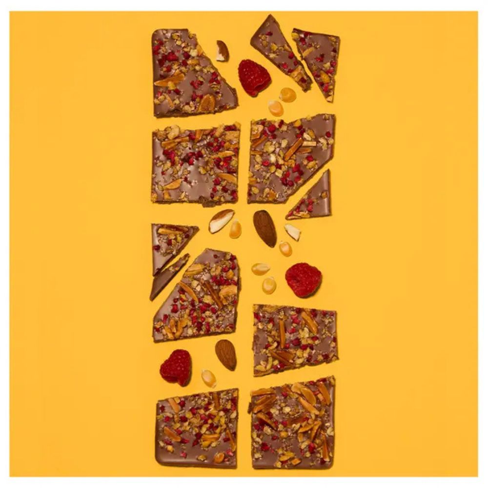 MILK CHOCOLATE BARK, ALMONDS, CORN NUGGETS AND RASPBERRIES