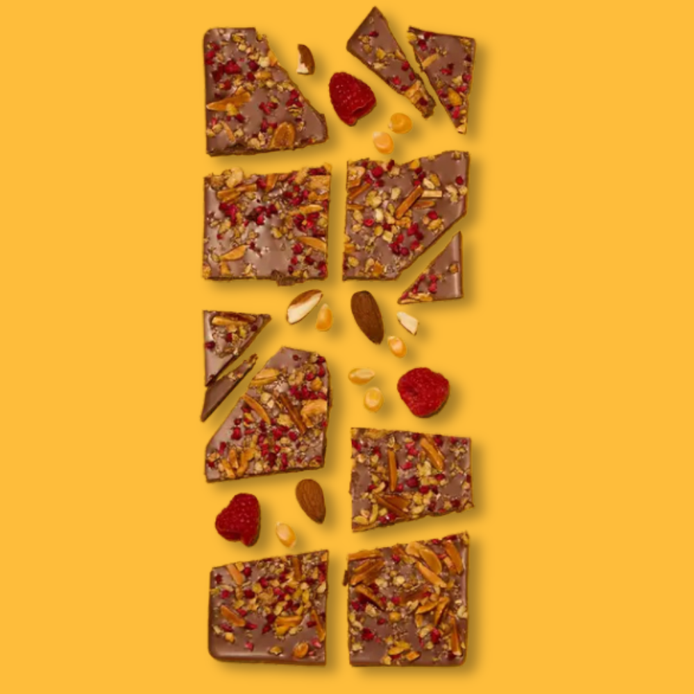 MILK CHOCOLATE BARK, ALMONDS, CORN NUGGETS AND RASPBERRIES