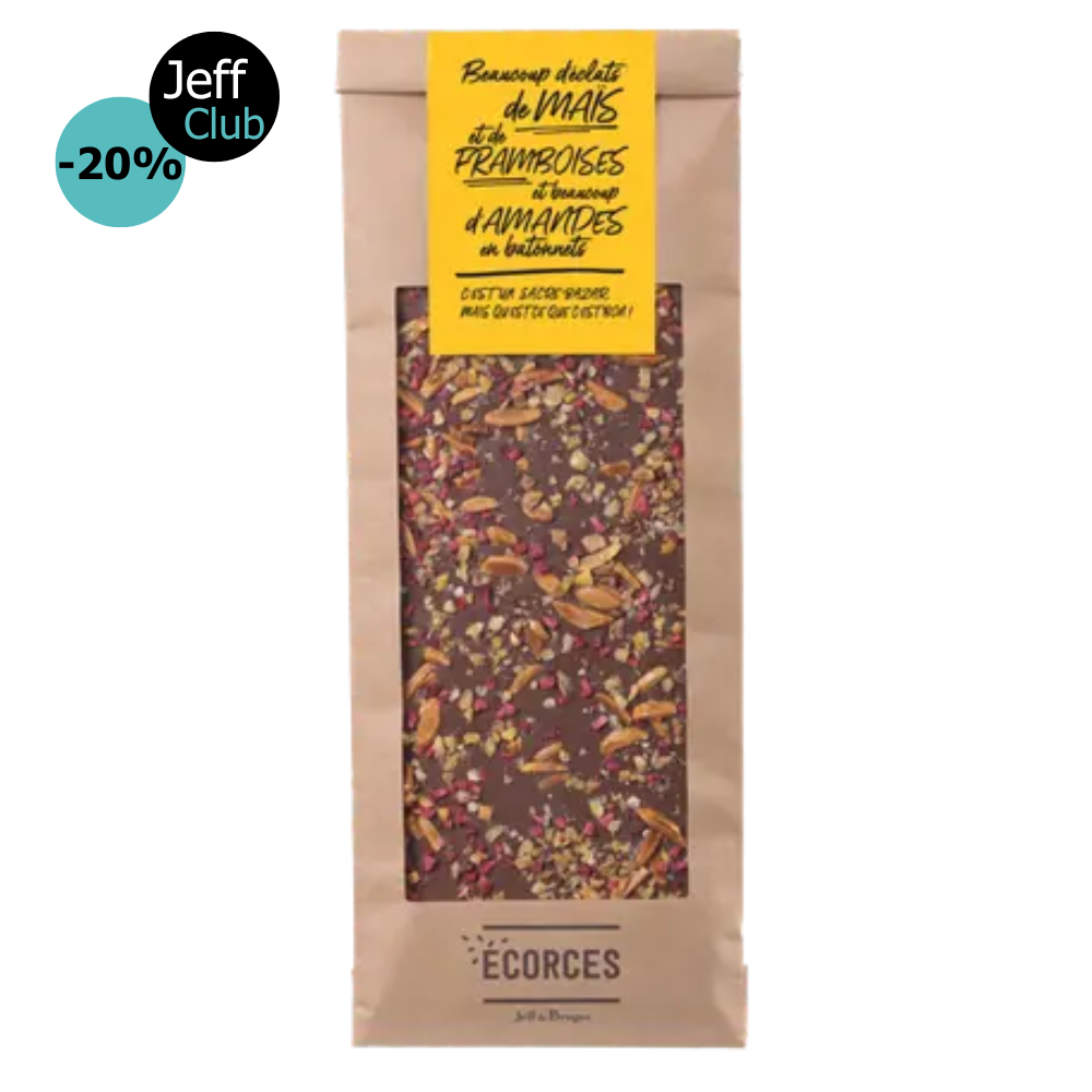 MILK CHOCOLATE BARK, ALMONDS, CORN NUGGETS AND RASPBERRIES