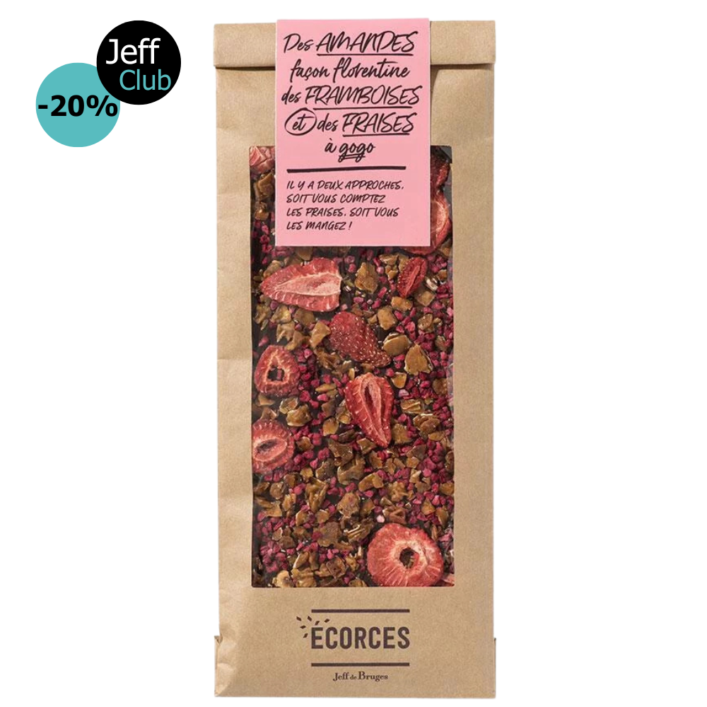 ÉCORCE DE CHOCOLAT NOIR AUX AMANDES FLORENTINES, FRAISES ET FRAMBOISES