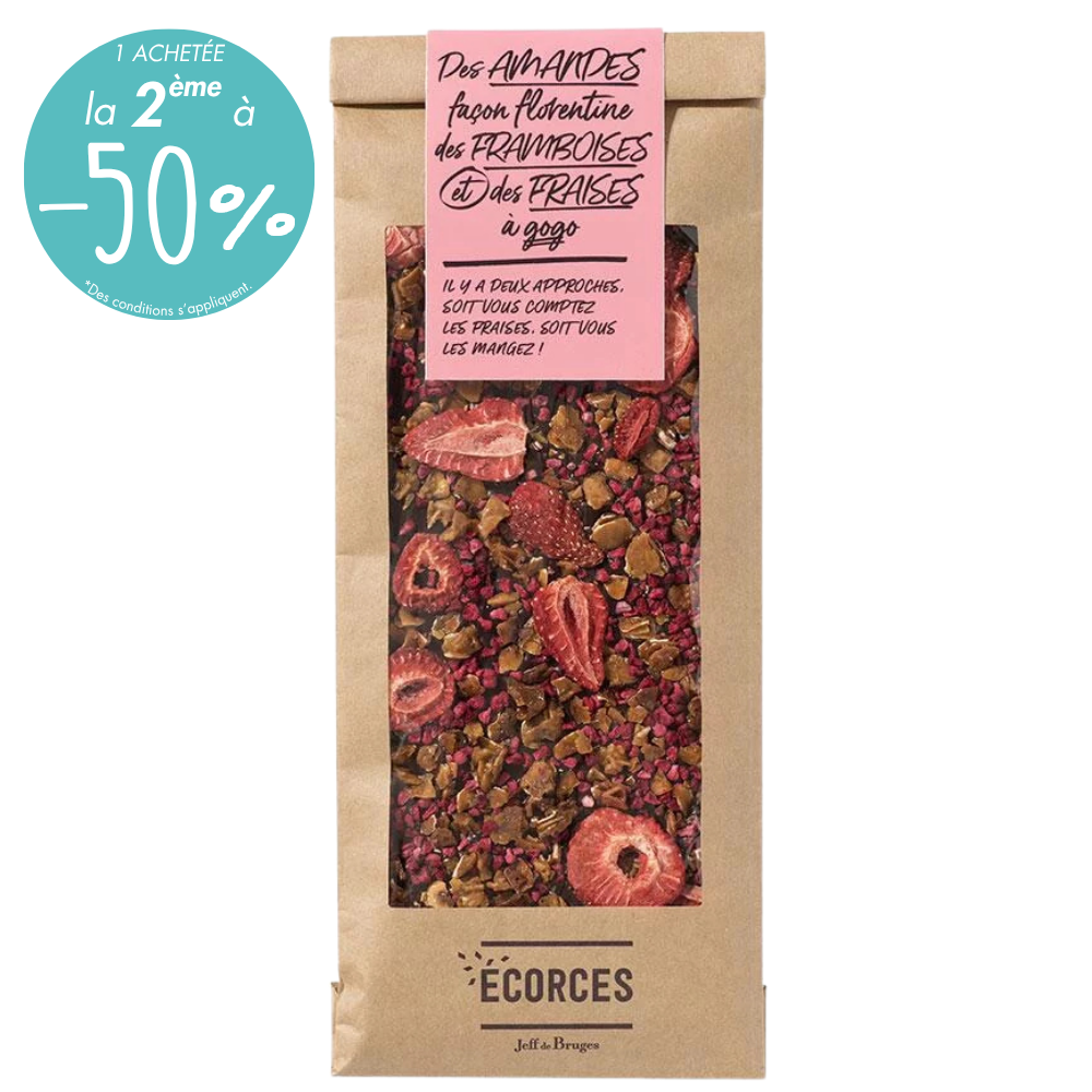 ÉCORCE DE CHOCOLAT NOIR AUX AMANDES FLORENTINES, FRAISES ET FRAMBOISES