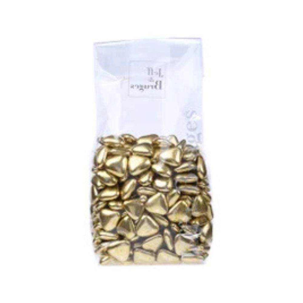 BAG OF SMALL GOLD HEARTS DRAGEES WITH DARK CHOCOLATE DECORATION