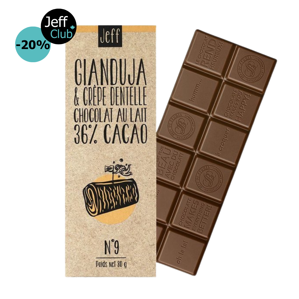 TABLETTE N°9 CHOCOLAT AU LAIT 36%, NOISETTES GIANDUJA ET CRÊPE DENTELLE