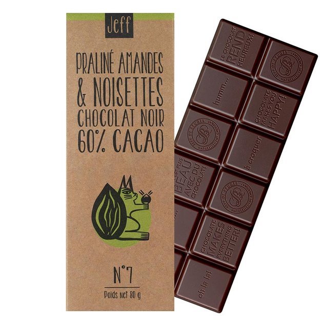 TABLETTE N°7 CHOCOLAT NOIR 60%, PRALINÉ AMANDES ET NOISETTES