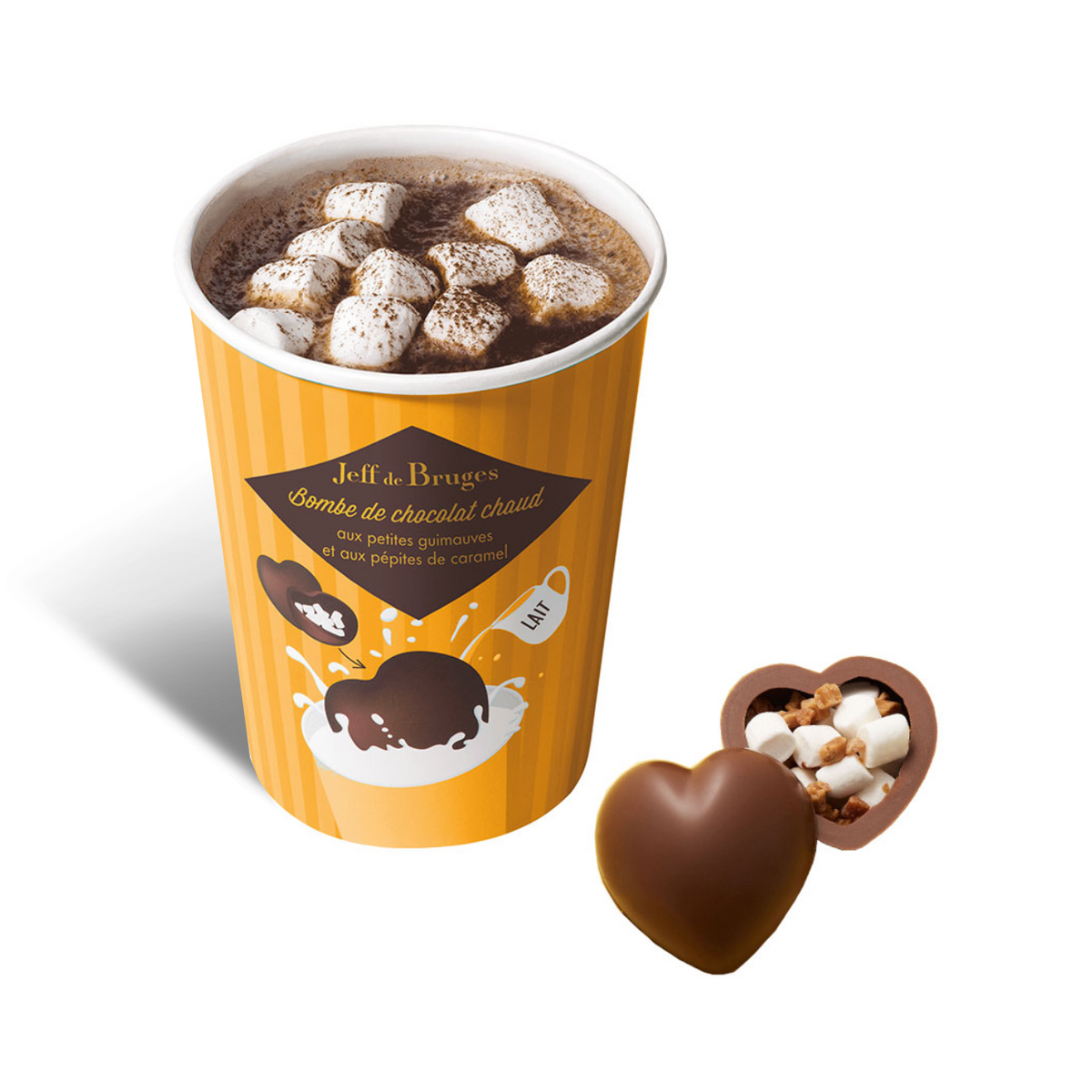 Chocolat chaud, 3 bombes coeur de chocolat lait caramel et ses petites  guimauves par Jeff de bruges - Jeff de Bruges